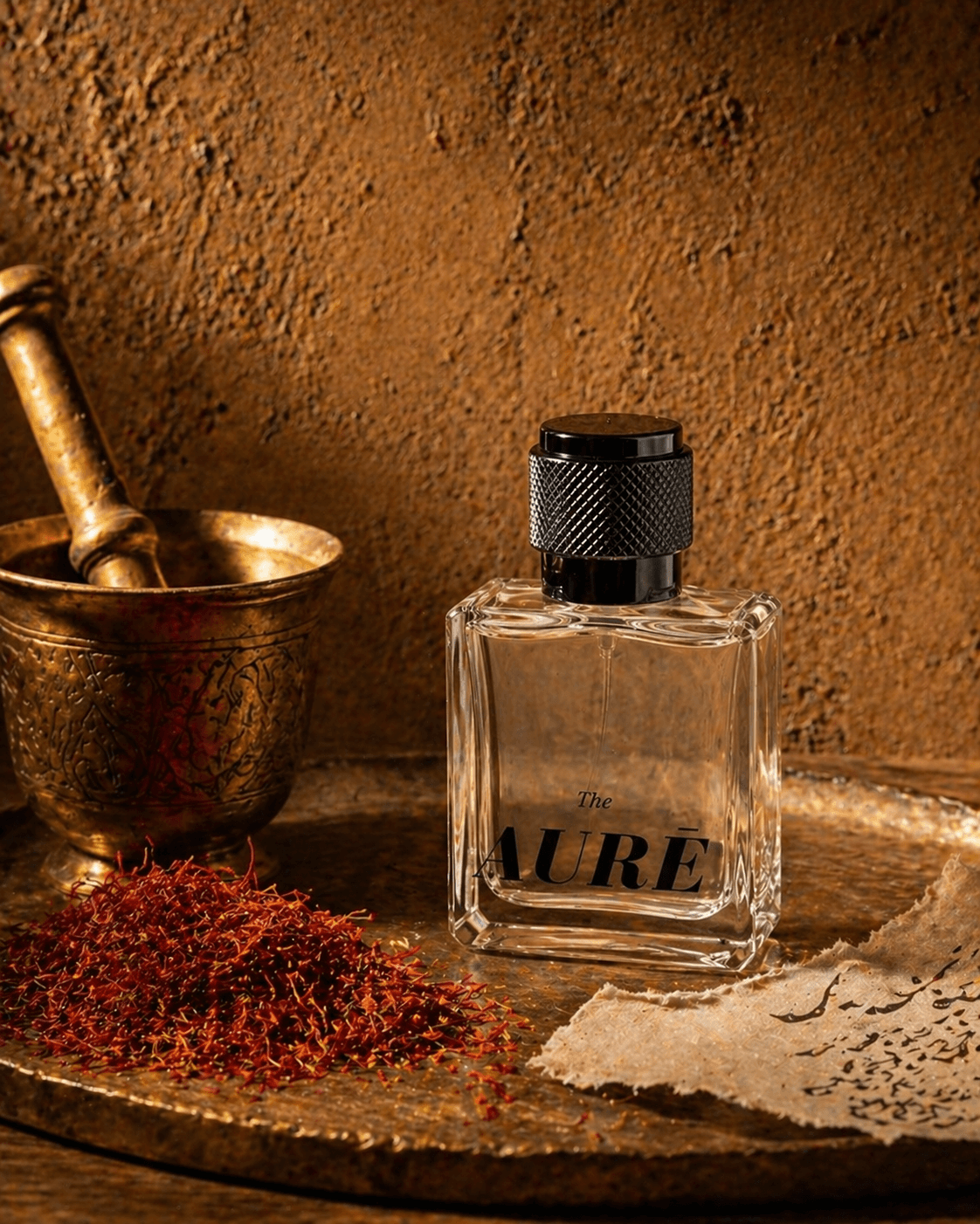 Saffron strands and AURĒ perfume bottle
