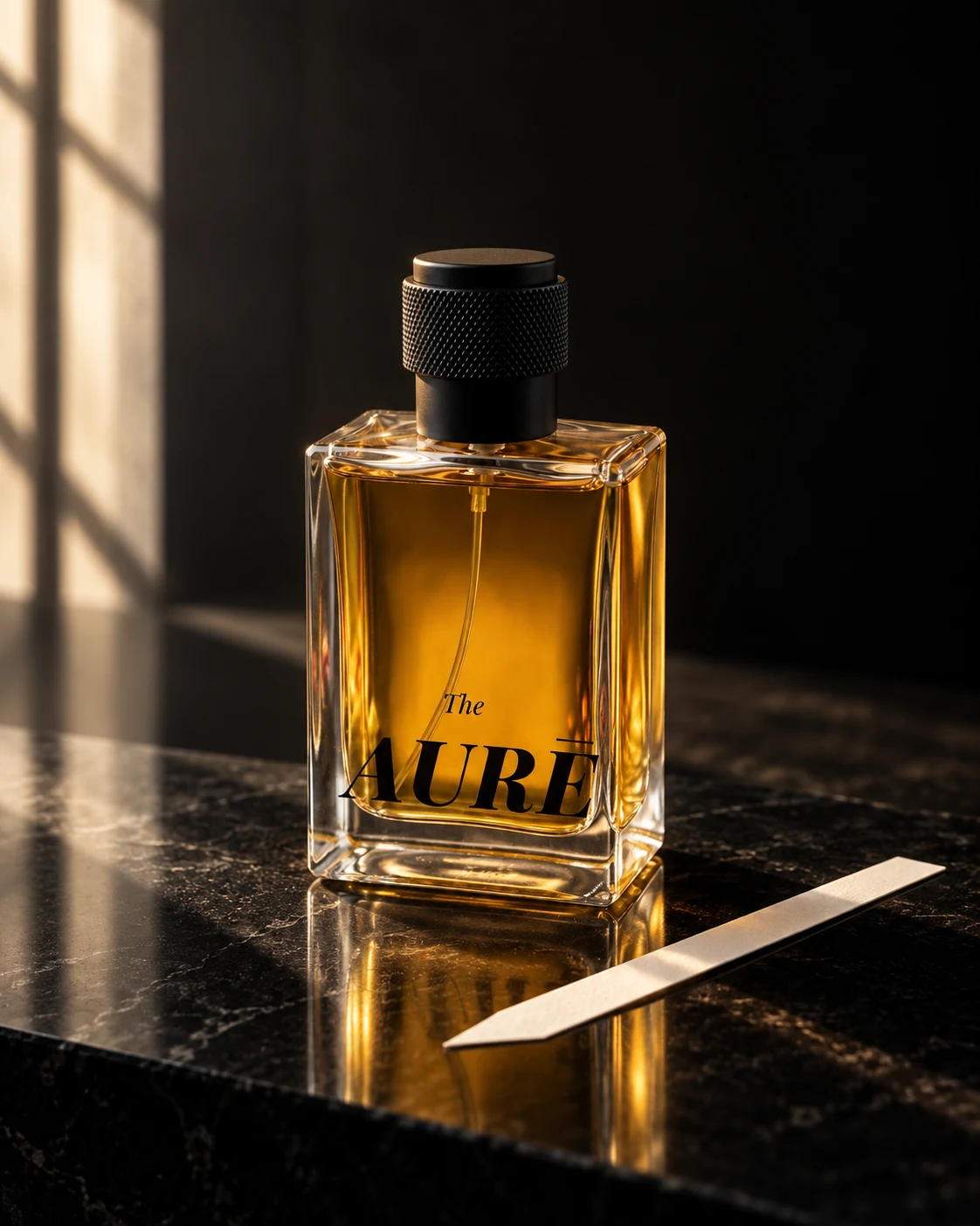 Editorial still life of an AURĒ bottle and a paper scent strip in window light