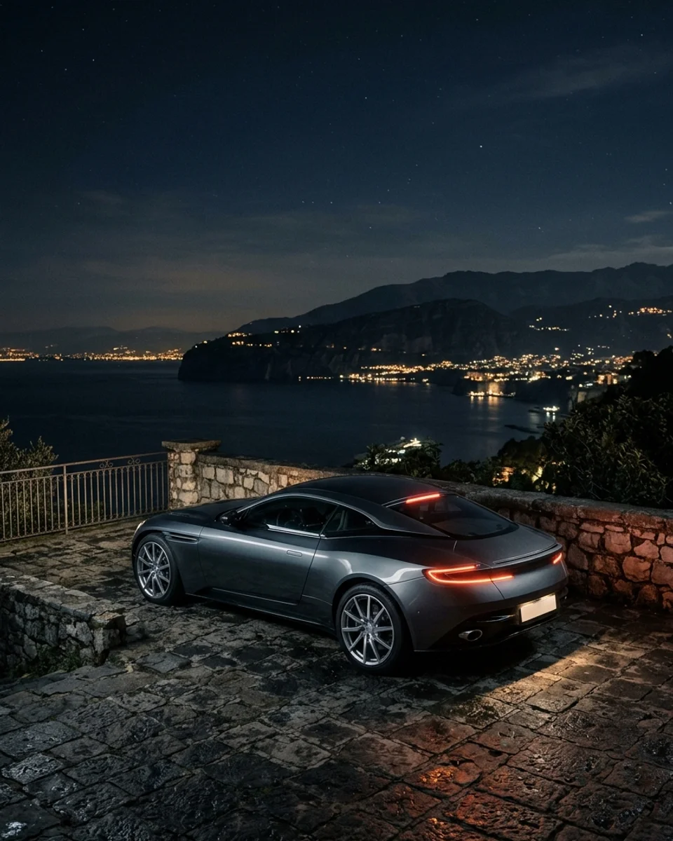 A graphite coupe on a stone overlook above a dark bay with twinkling coastal lights under the night sky