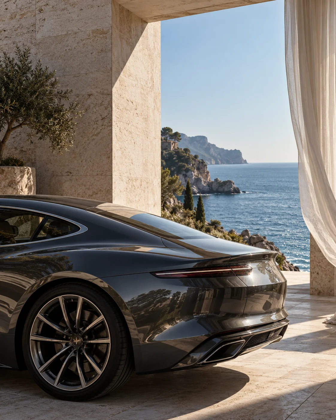 A graphite coupe beside pale coastal architecture and a blue sea in morning light