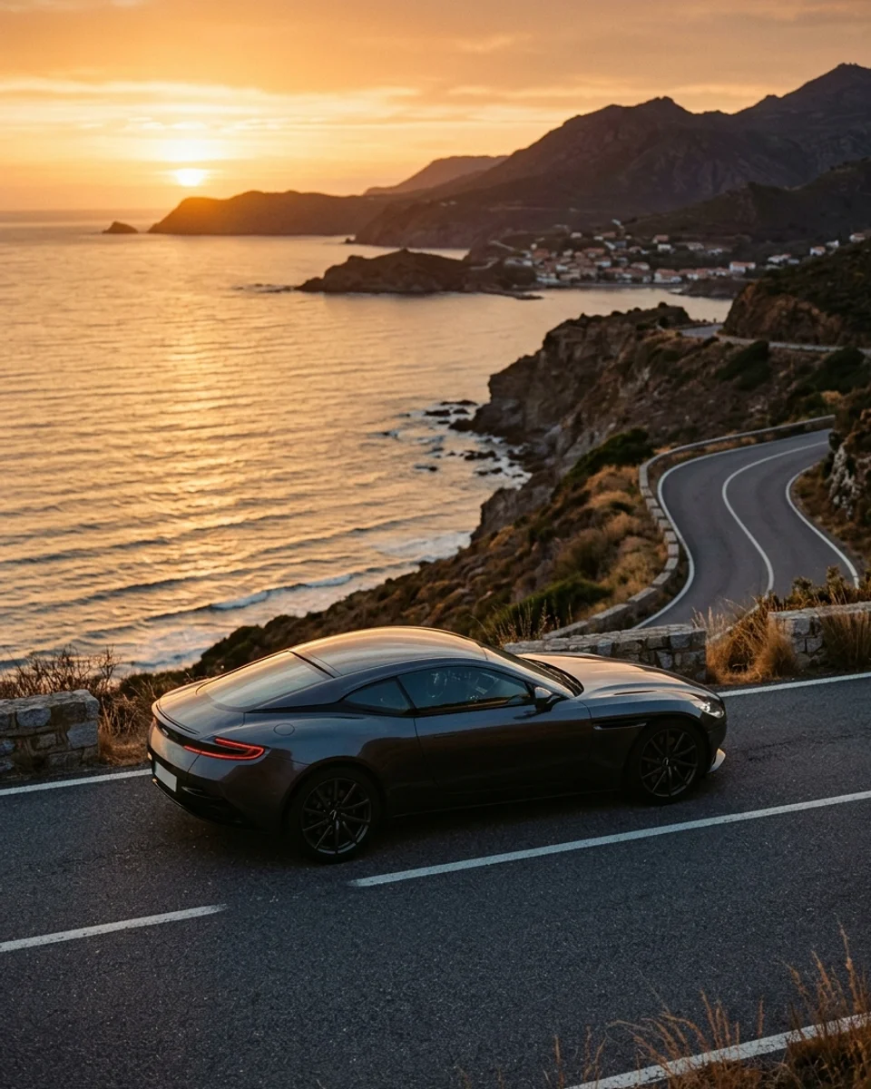 A graphite coupe navigating a coastal ridge road under a golden hour sunset