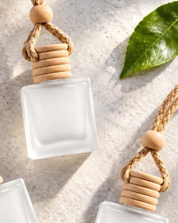 Lucid car fragrance bottle close-up with beechwood cap and citrus leaf