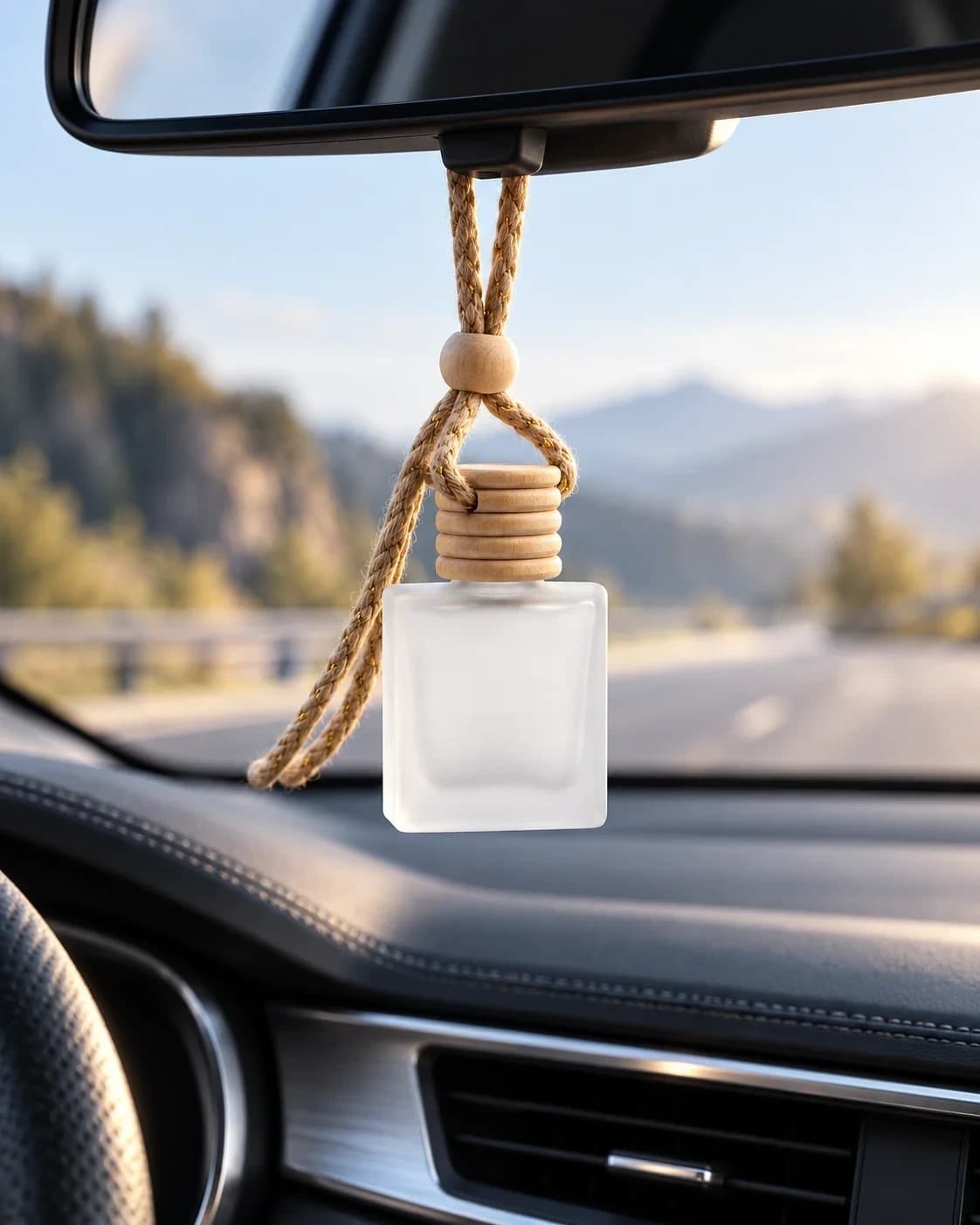 Lucid car fragrance diffuser hanging from a rearview mirror