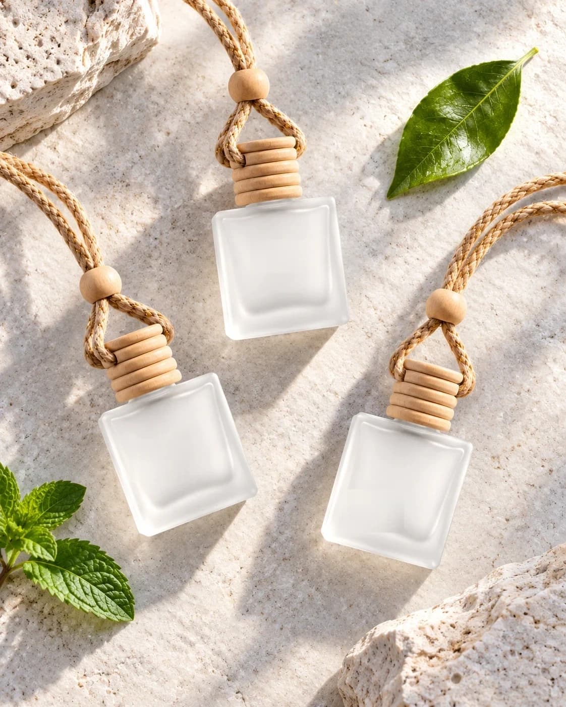 Lucid car fragrance bottles arranged on pale stone with peppermint and mandarin leaves