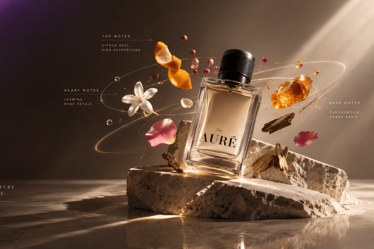 Perfume raw materials arranged by top, heart, and base notes on a warm neutral surface