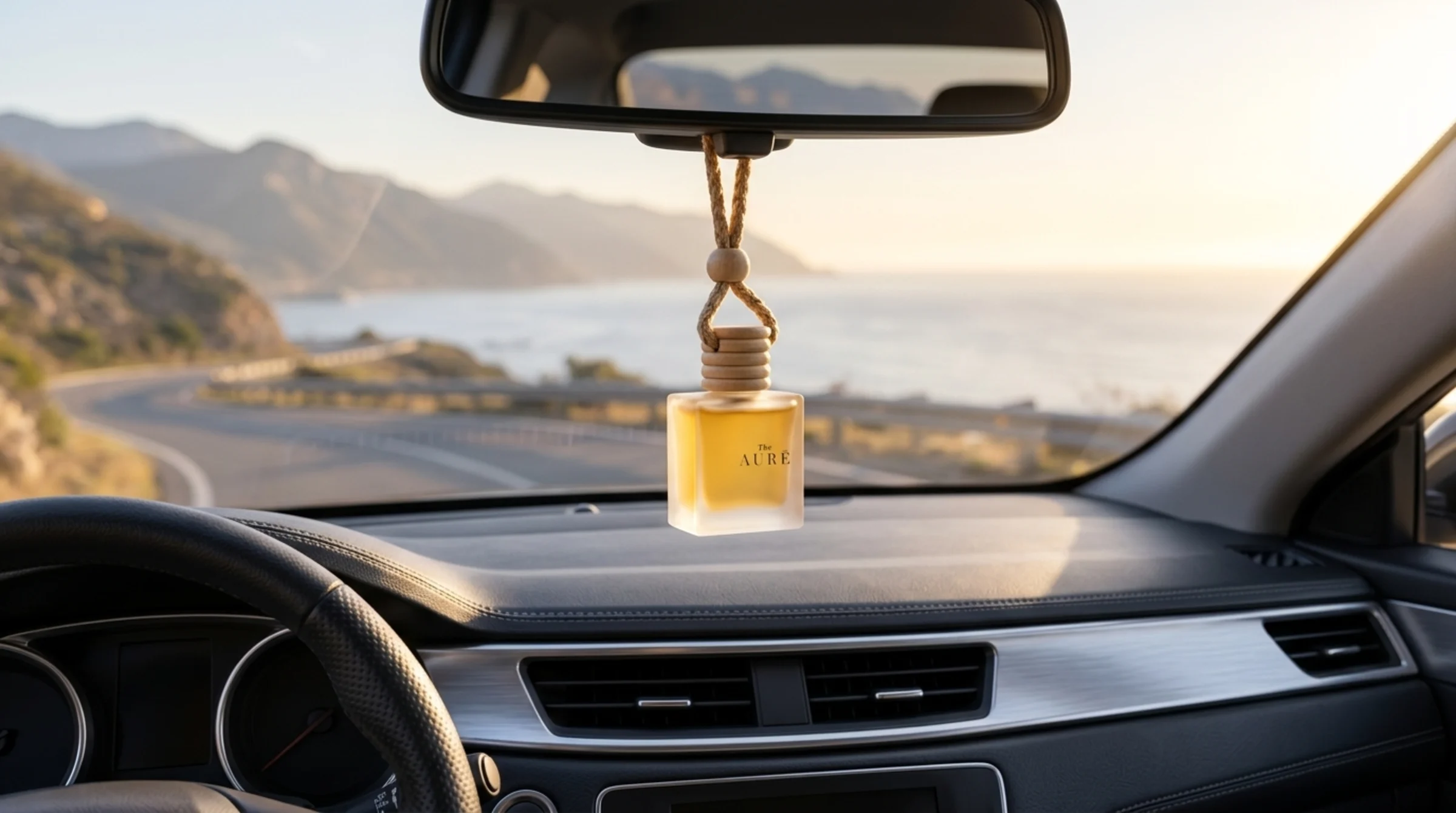 Lucid car fragrance flacon hanging from the rear-view mirror above a stitched leather dashboard on a scenic morning drive