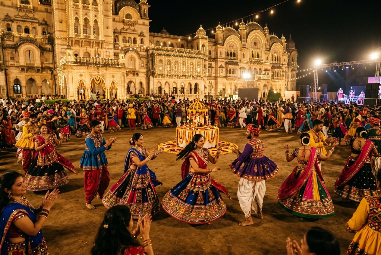 Authentic Navratri Garba night celebration with traditional dancers in Vadodara Gujarat
