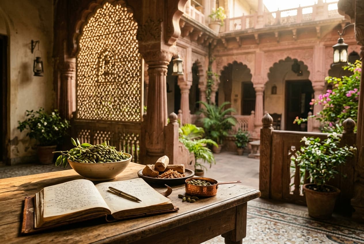 Heritage Vadodara courtyard with sunlit carved arches, botanical notes, cardamom, and natural sandalwood