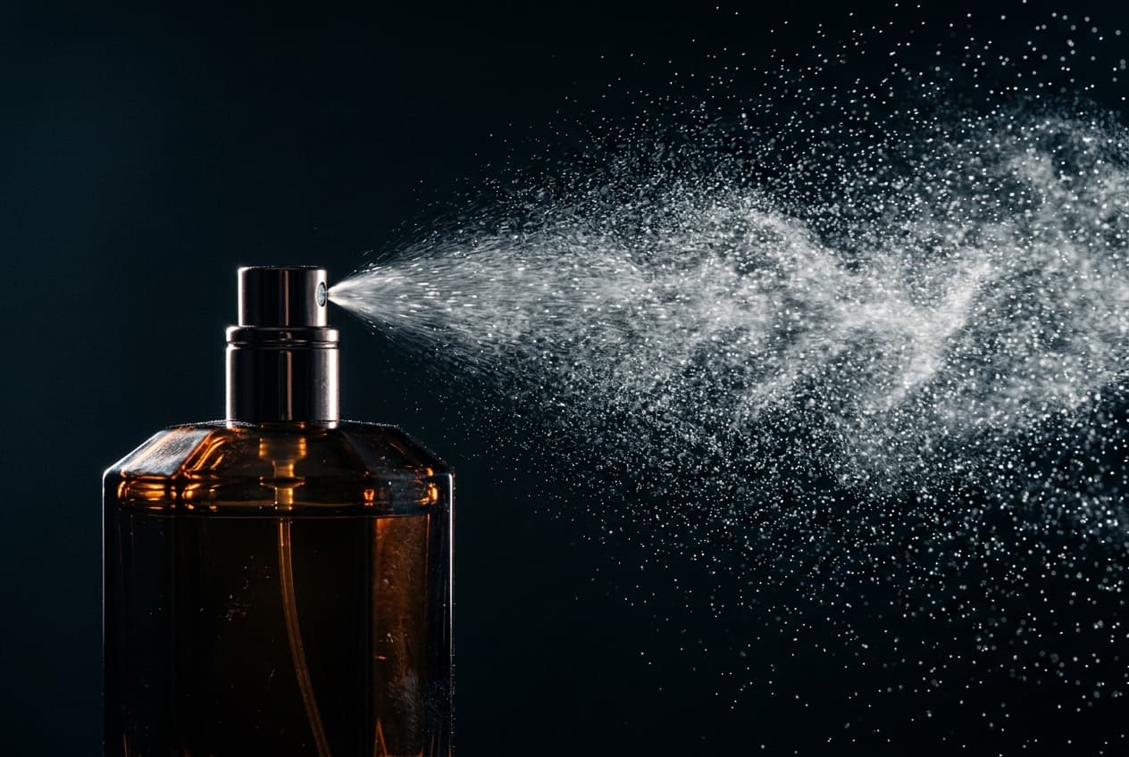 An AURĒ extrait de parfum atomizer spraying fine micro-droplets in dark cinematic light