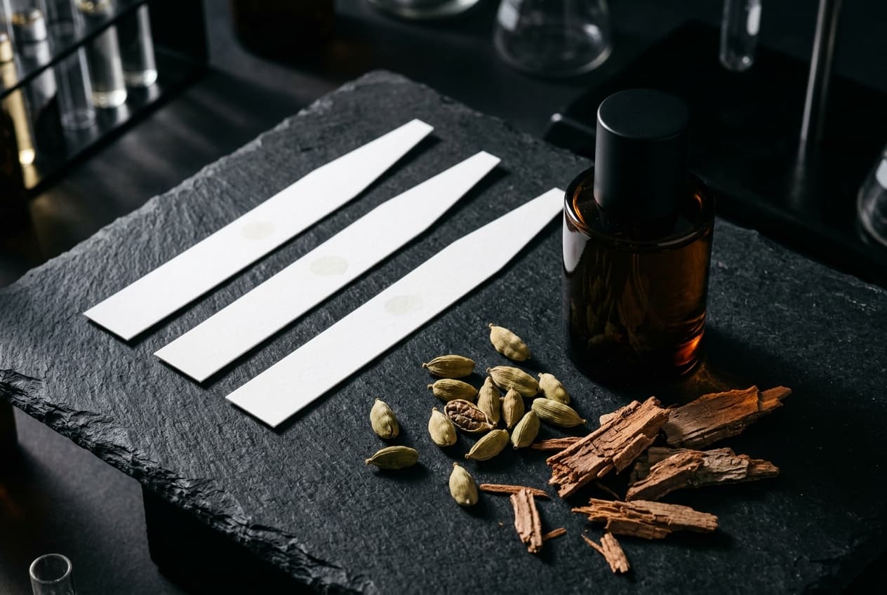 Perfume testing blotters and raw botanical aromatics on dark slate